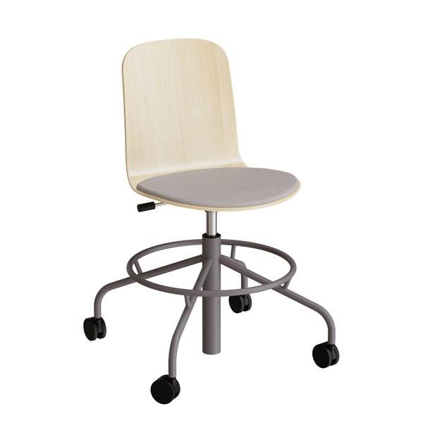 ADD elevstol p&aring; hjul hvidpigmenteret eg laminat med gr&aring;t tekstil s&aelig;de og gr&aring;t stel