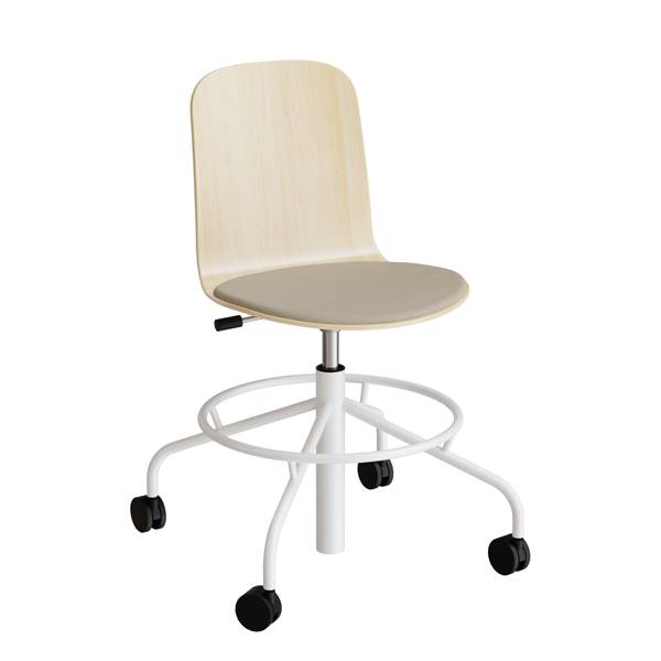 ADD elevstol p&aring; hjul hvidpigmenteret eg laminat med beige tekstil s&aelig;de og hvidt stel