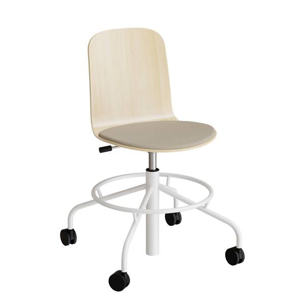 ADD elevstol p&aring; hjul hvidpigmenteret eg laminat med beige tekstil s&aelig;de og hvidt stel