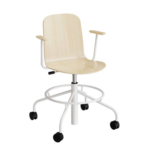 ADD elevstol p&aring; hjul med arml&aelig;n hvid eg laminat med hvidt stel