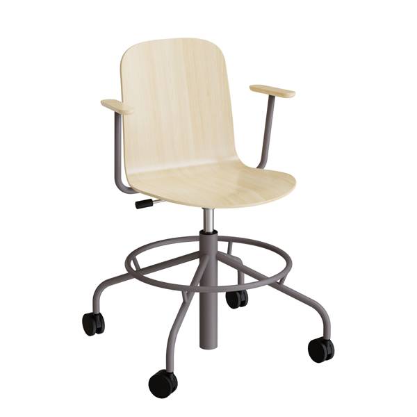 ADD elevstol på hjul med armlæn hvid eg laminat med gråt stel