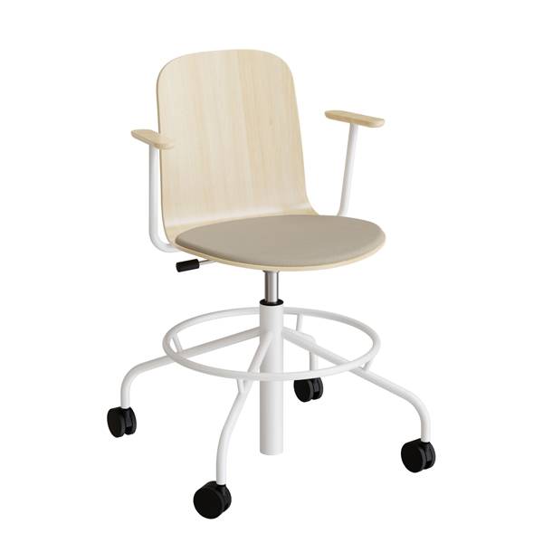 ADD elevstol p&aring; hjul hvidpigmenteret eg laminat med beige tekstil s&aelig;de, arml&aelig;n og hvidt stel