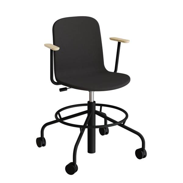 ADD elevstol på hjul med helbetrukket sort tekstil, armlæn og sort stel
