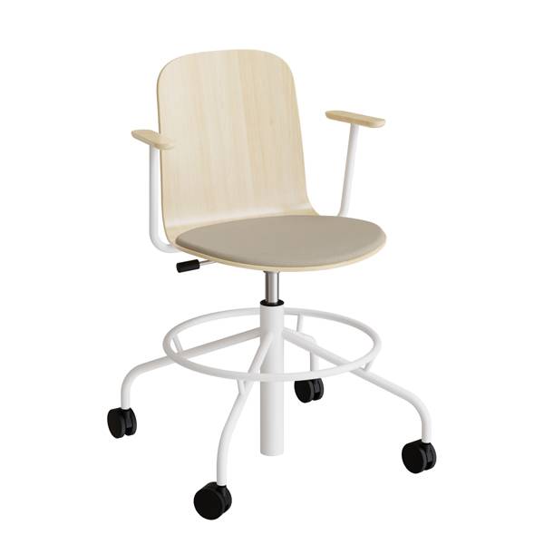 ADD elevstol p&aring; hjul birk laminat med beige tekstil s&aelig;de, arml&aelig;n og hvidt stel