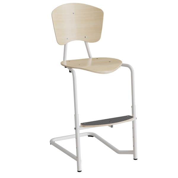 Femman elevstol i birk laminat med hvidt stel og fodplade