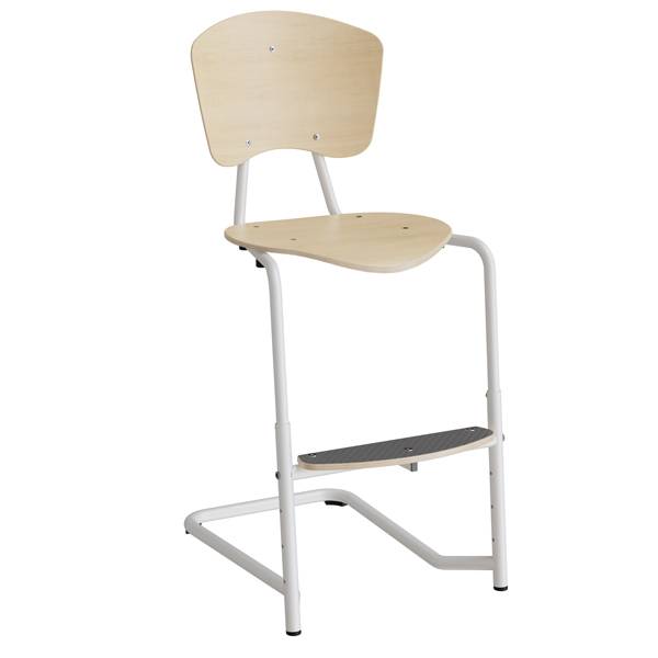 Femman elevstol i birk fin&eacute;r med hvidt stel og fodplade