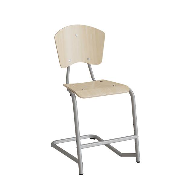 Fyran elevstol med s&aelig;de og ryg i birk laminat med alugr&aring;t stel