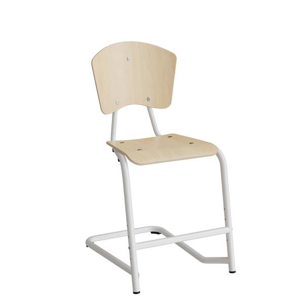 Fyran elevstol med s&aelig;de og ryg i birk fin&eacute;r med hvidt stel