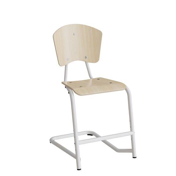 Fyran elevstol med s&aelig;de og ryg i birk laminat med hvidt stel