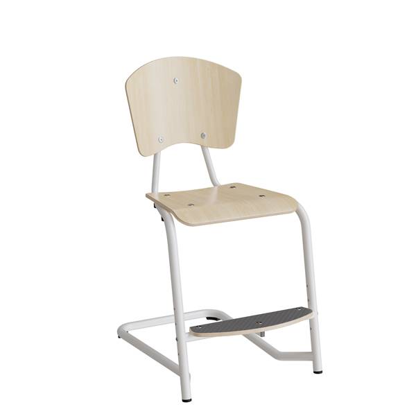 Fyran elevstol med s&aelig;de og ryg i birk laminat og hvidt stel