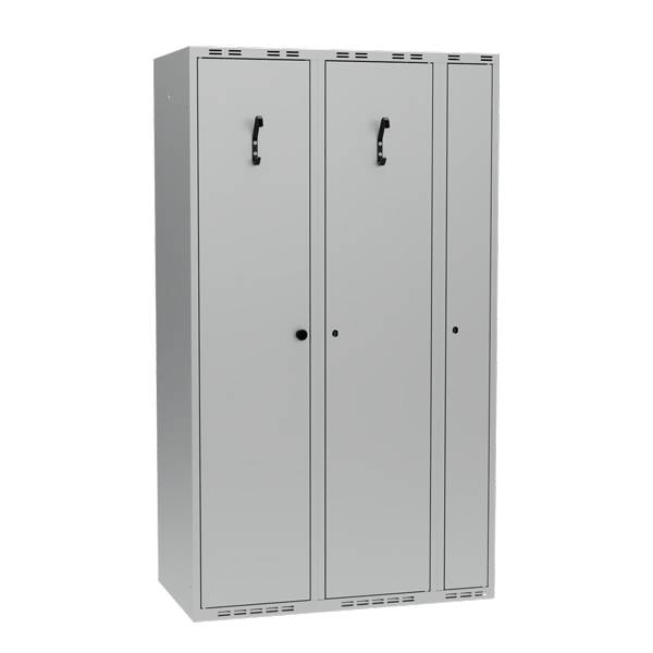 Garderobeskab i stål 100x55x175cm, PR2B, lige tag, 3 rum, lys grå