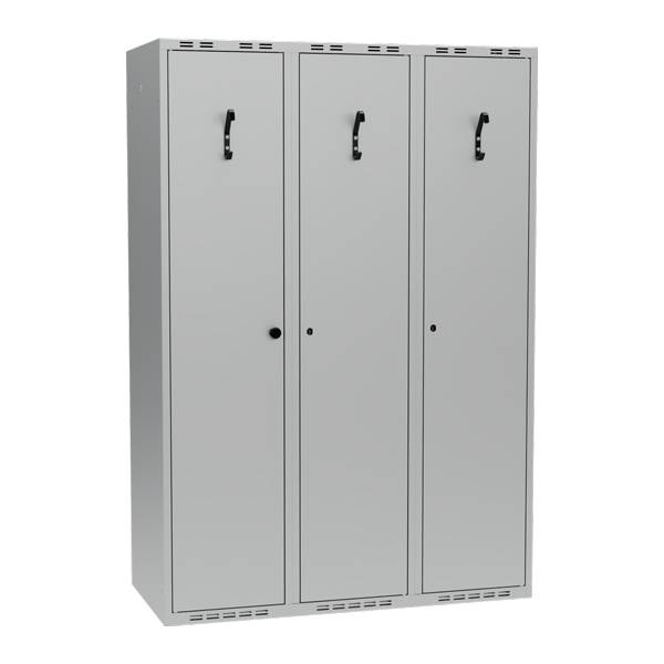 Garderobeskab i st&aring;l 120x55x175cm, PR2D, lige tag, 3 rum, lys gr&aring;