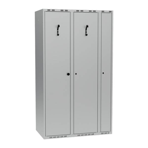 Garderobeskab i stål 100x55x175cm, PR2F, lige tag, 3 rum, lys grå