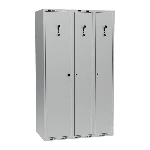 Garderobeskab i stål 100x55x175cm, PR2G, lige tag, 3 rum, lys grå