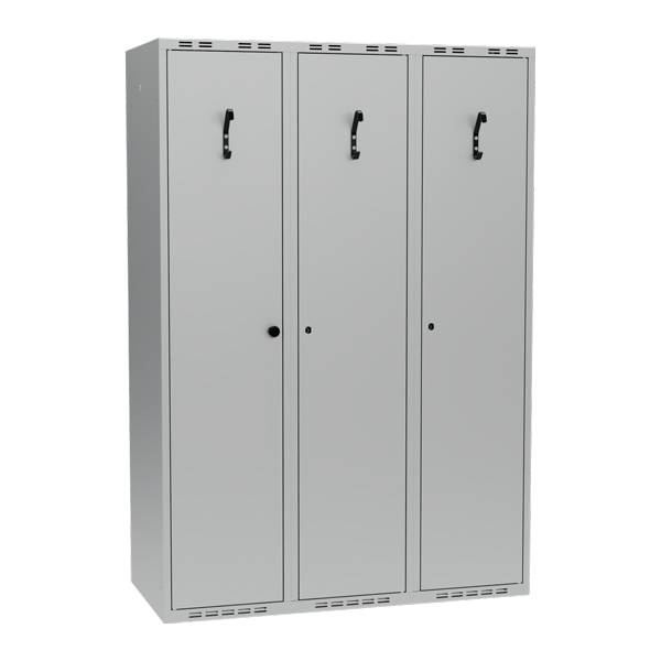 Garderobeskab i stål 120x55x175cm, PR2H, lige tag, 3 rum, lys grå