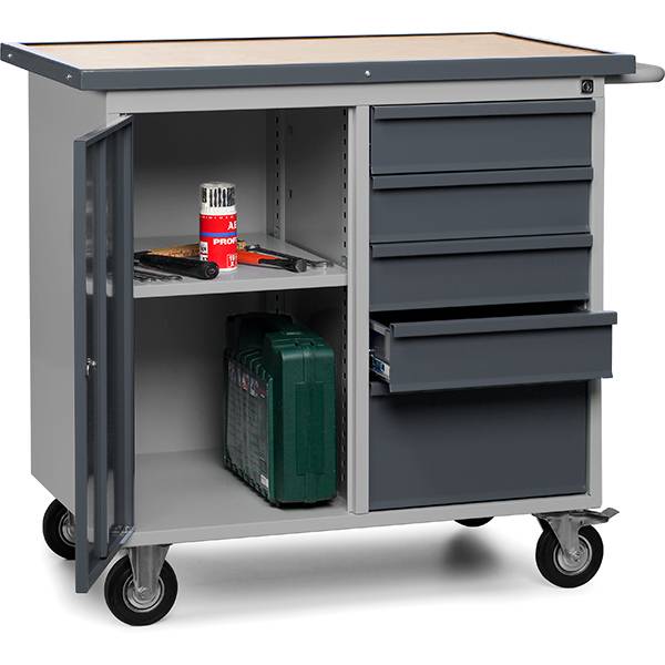 V&aelig;rkstedsvogn SMV med skab, hjul og 5 skuffer gr&aring;