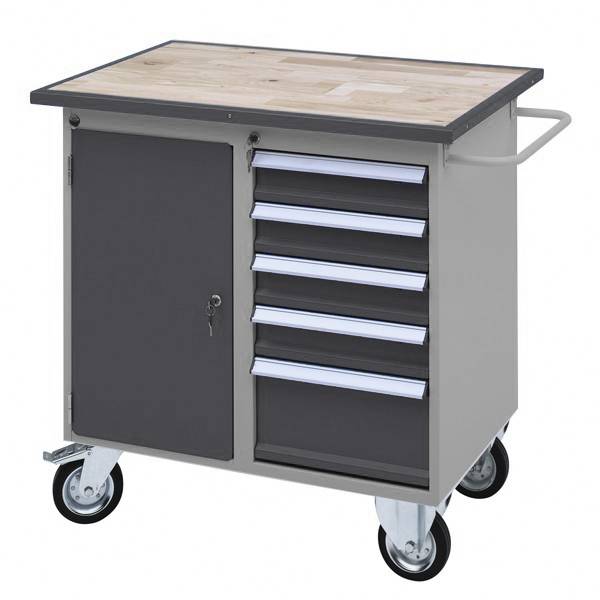 V&aelig;rkstedsvogn GBB 925x955x600 p&aring; hjul, med skab og skuffer, gr&aring;