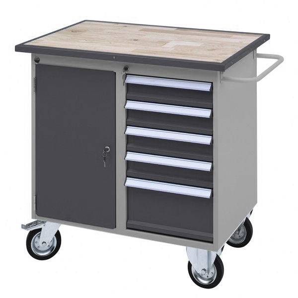 V&aelig;rkstedsvogn GBB 925x955x600 p&aring; hjul, med skab og skuffer, gr&aring;