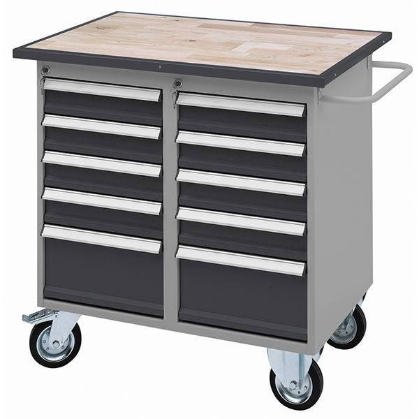 V&aelig;rkstedsvogn GBB med hjul og 10 skuffer gr&aring;