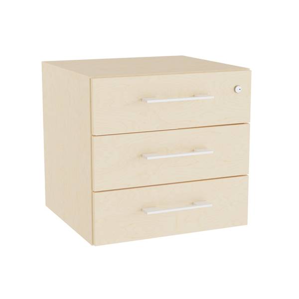 Office skuffesektion med l&aring;s i birk med hvide h&aring;ndtag 