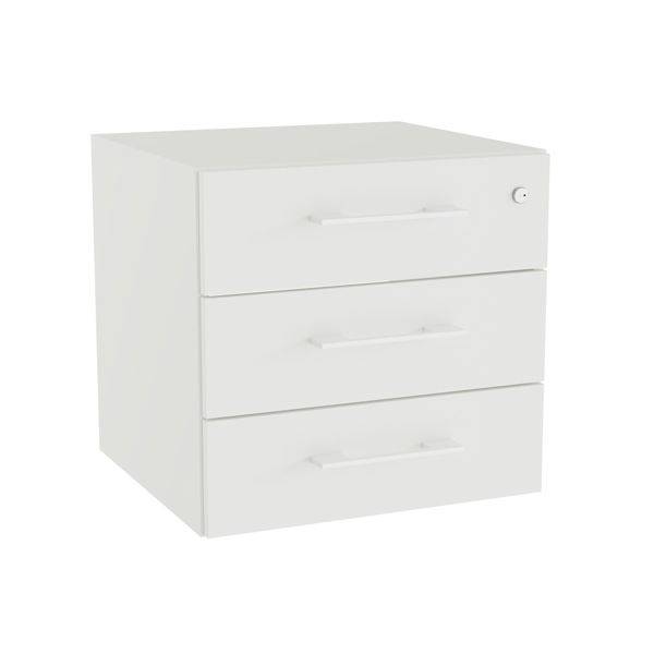 Office skuffesektion med l&aring;s i hvid med hvide h&aring;ndtag 