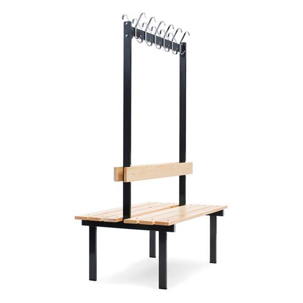 Garderobestativ 2-sidet med b&aelig;nk 1100mm i lakeret fyr