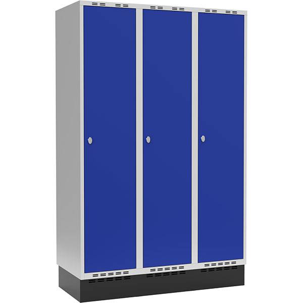 Garderobeskab 3x400mm med sokkel, 1 rum i højden med blå døre og greb til hængelåse
