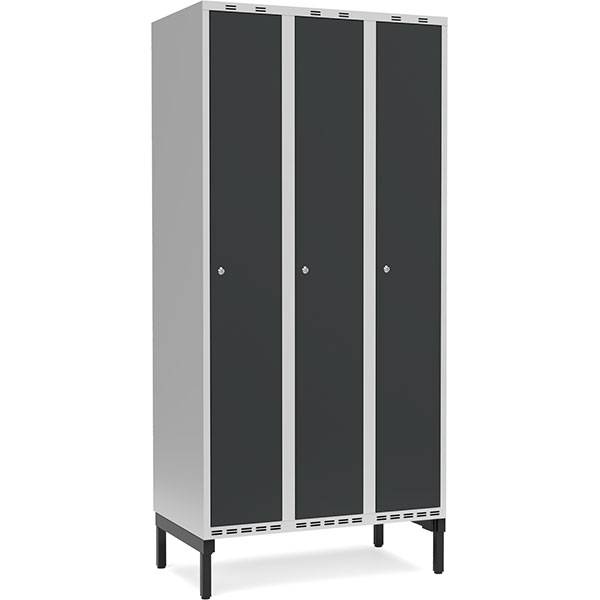 Garderobeskab med cylinderlås og benramme 3x300mm antracit