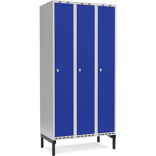 Garderobeskab med h&aelig;ngel&aring;s og benramme 3x300mm bl&aring;