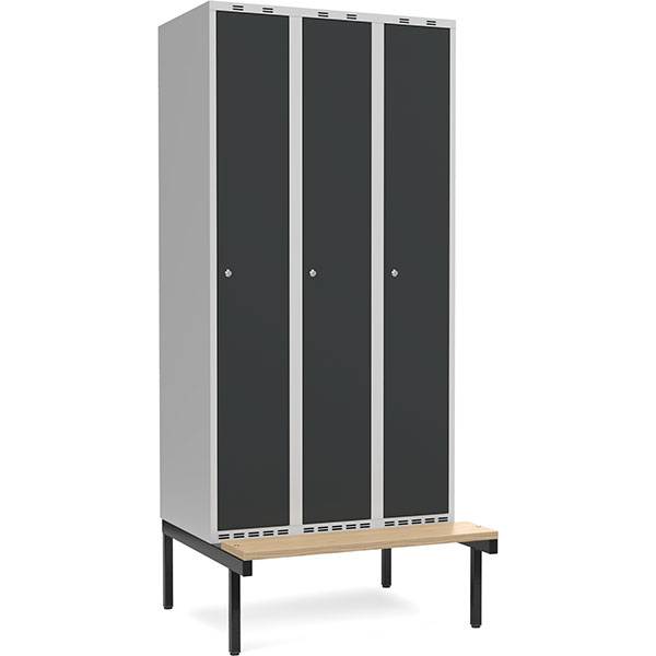 Garderobeskab med cylinderl&aring;s og siddeb&aelig;nk 3x300mm antracit