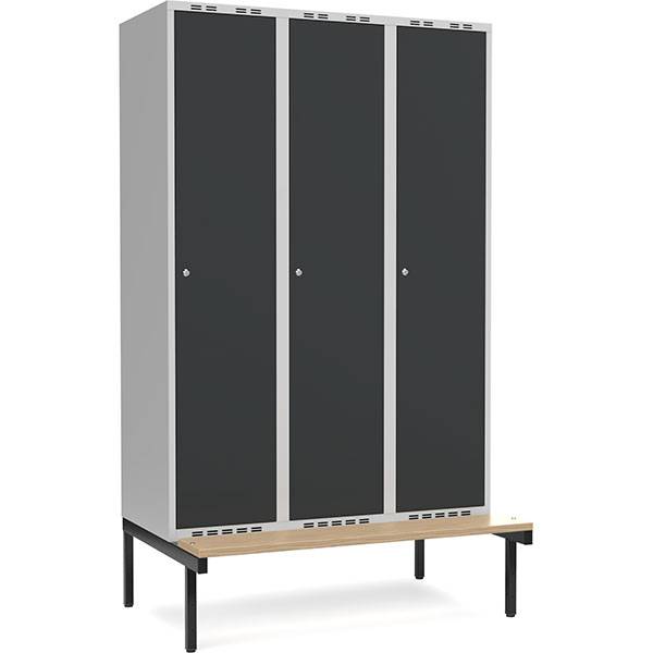 Garderobeskab 3x400mm med siddeb&aelig;nk, 1 rum i h&oslash;jden med antracit d&oslash;re og cylinderl&aring;se