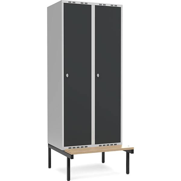 Garderobeskab 2x400mm med siddebænk, 1 rum i højden med antracit døre og greb til hængelåse