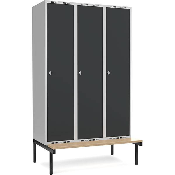 Garderobeskab 3x400mm med siddebænk, 1 rum i højden med antracit døre og greb til hængelåse