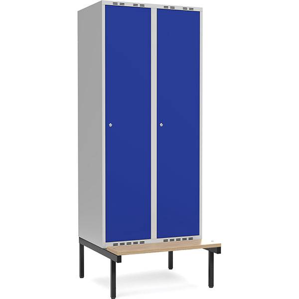 Garderobeskab 2x400mm med siddebænk, 1 rum i højden med blå døre og cylinderlåse