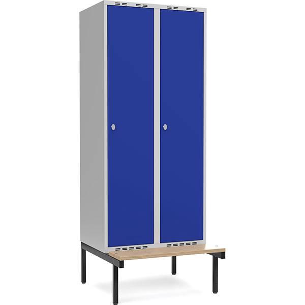 Garderobeskab 2x400mm med siddebænk, 1 rum i højden med blå døre og greb til hængelåse