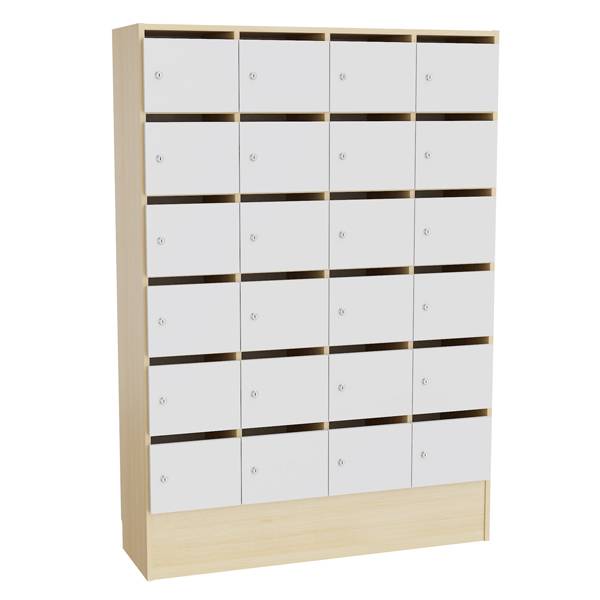 Mora personaleskab med cylinderlås og 24 rum i birk og grå laminat