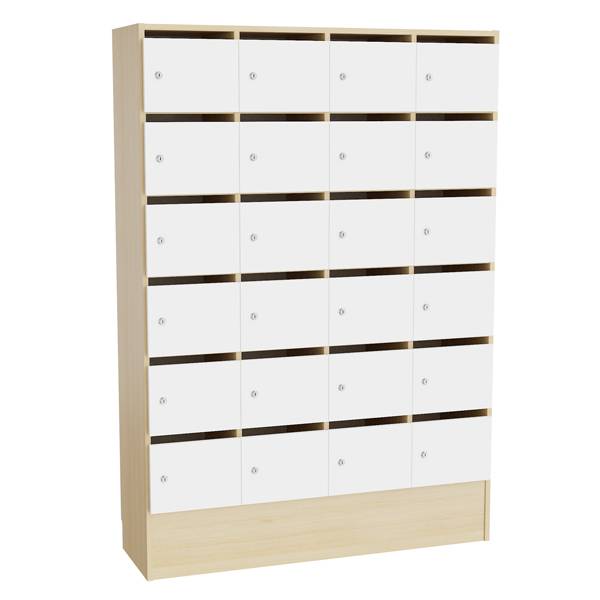 Mora personaleskab med cylinderlås og 24 rum i birk og hvid laminat
