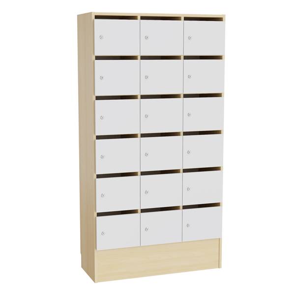 Mora personaleskab med cylinderlås og 18 rum i birk og grå laminat