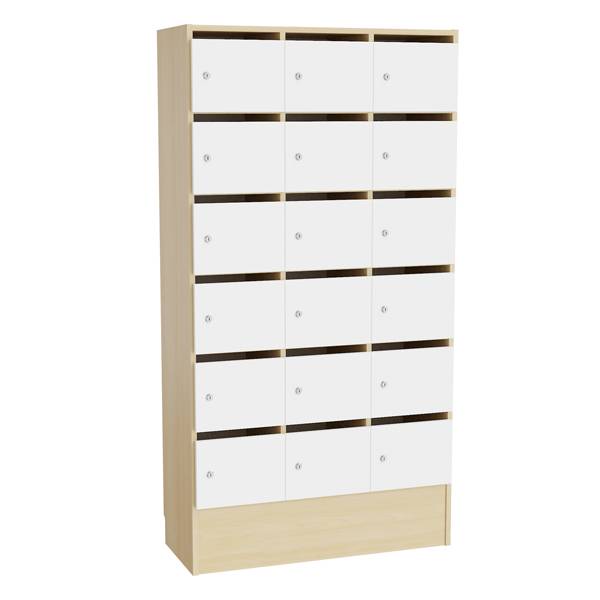 Mora personaleskab med cylinderlås og 18 rum i birk og hvid laminat