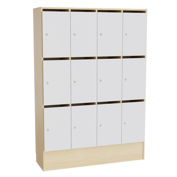 Mora personaleskab med cylinderlås og 12 rum i birk og grå laminat