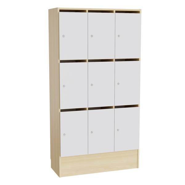 Mora personaleskab med cylinderlås og 9 rum i birk og grå laminat