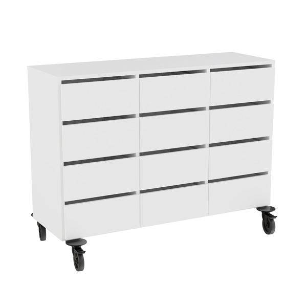 Stig opbevaringsmodul med 12 skuffer p&aring; hjul i hvid laminat 