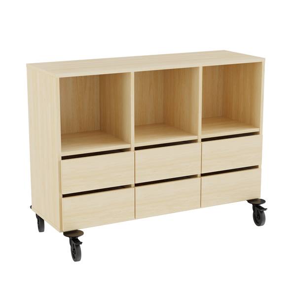 Stig opbevaringsmodul med 3 rum og 6 skuffer p&aring; hjul i birk laminat 