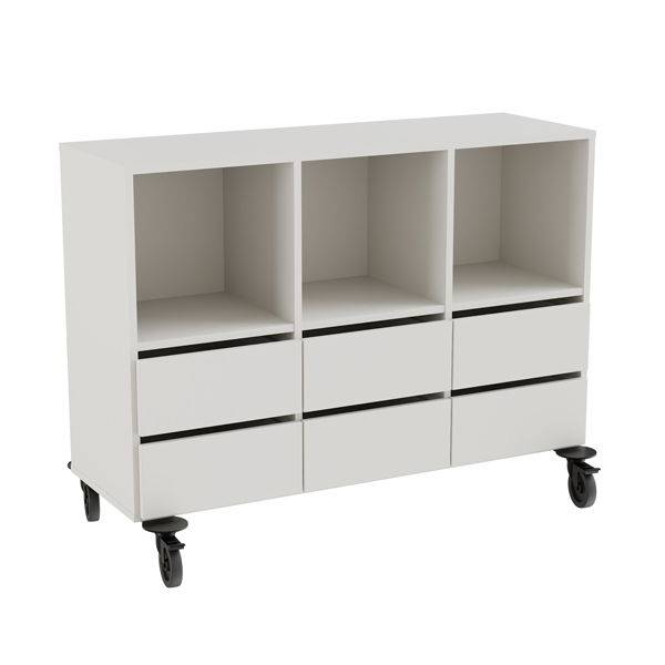 Stig opbevaringsmodul med 3 rum og 6 skuffer p&aring; hjul i gr&aring; laminat 