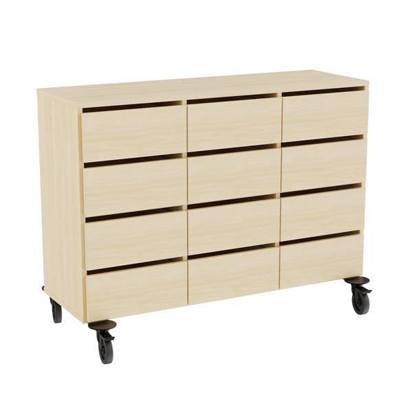 Stig opbevaringsmodul med 12 skuffer p&aring; hjul i birk laminat 