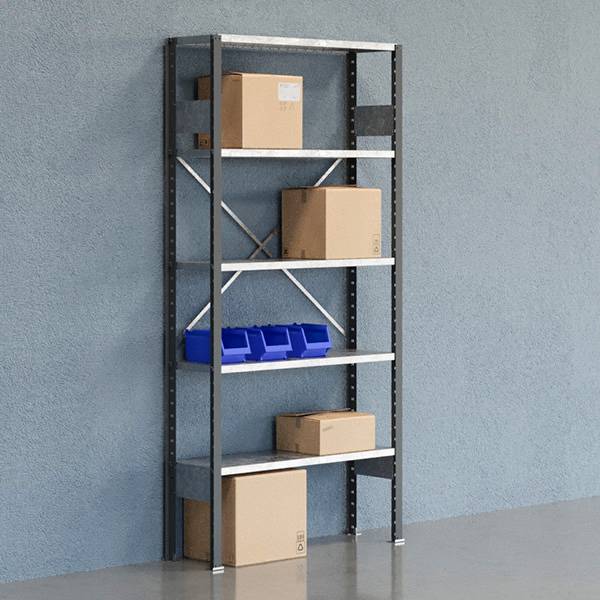 Lagerreol V06 med &aring;ben gavl 2100x1000x300mm galvaniseret