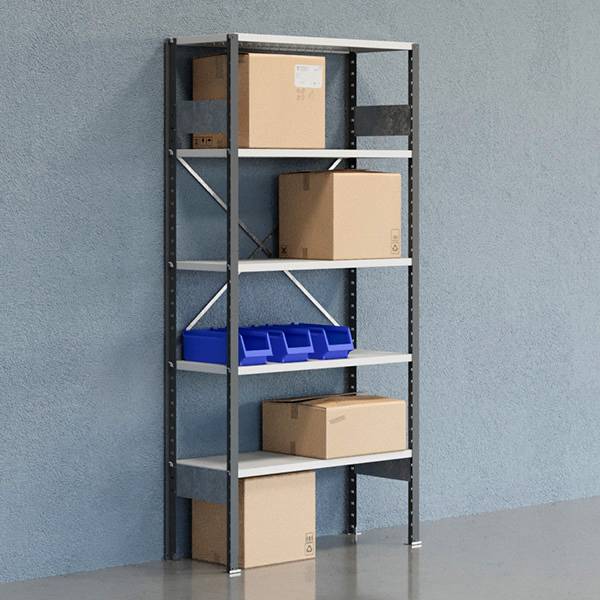 Lagerreol V06 med &aring;ben gavl 2100x1000x400mm lakeret lysegr&aring;