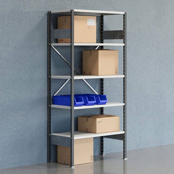 Lagerreol V06 med &aring;ben gavl 2100x1000x500mm lakeret lysegr&aring;