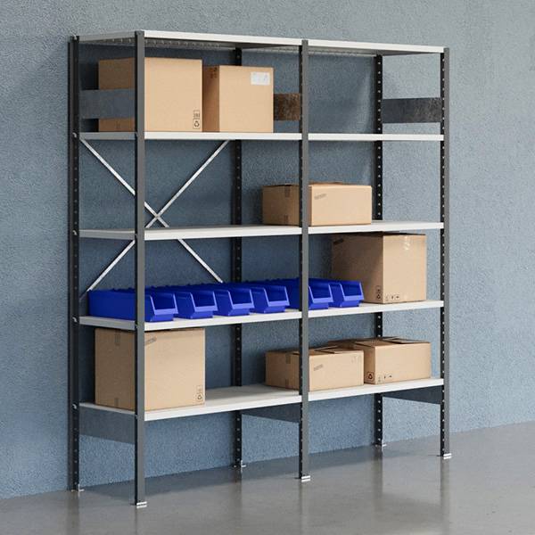 Lagerreol V06 med &aring;ben gavl 2100x2000x500mm lakeret lysegr&aring;