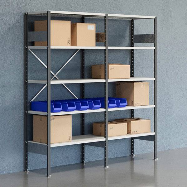 Lagerreol V06 med &aring;ben gavl 2100x2000x500mm lakeret lysegr&aring;